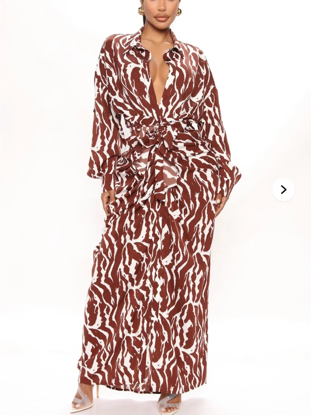 Fashion Nova Brown and White Printed Maxi Shirt Dress - Picture 1 of 2